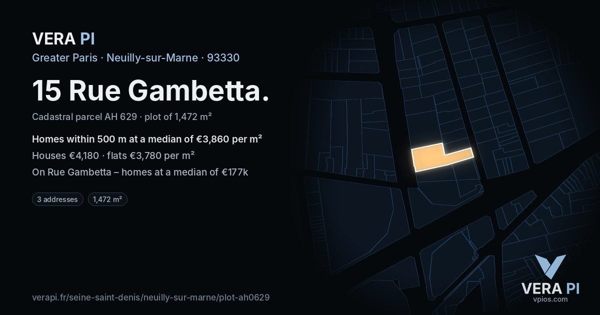 15 Rue Gambetta, Neuilly-sur-Marne at night – the plot lit, the parcels around coloured by the prices near them