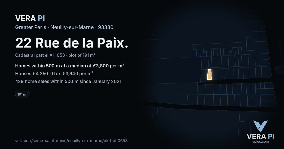 22 Rue de la Paix, Neuilly-sur-Marne at night – the plot lit, the parcels around coloured by the prices near them