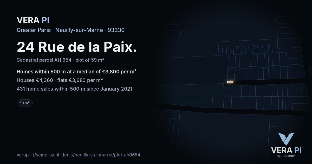 24 Rue de la Paix, Neuilly-sur-Marne at night – the plot lit, the parcels around coloured by the prices near them