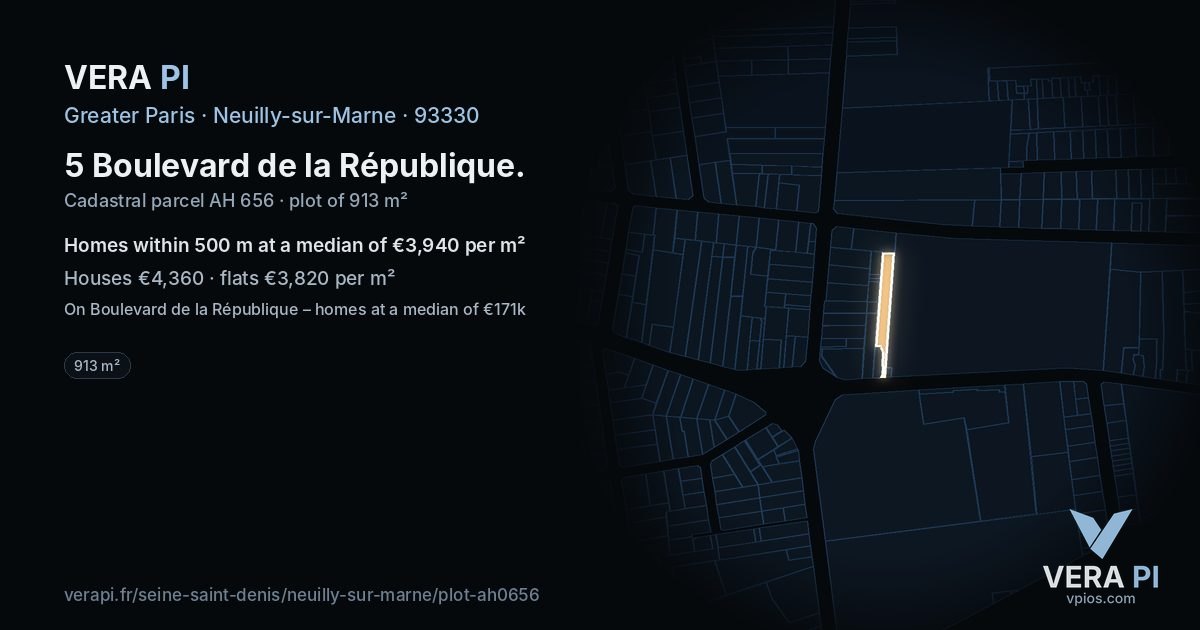 5 Boulevard de la République, Neuilly-sur-Marne at night – the plot lit, the parcels around coloured by the prices near them