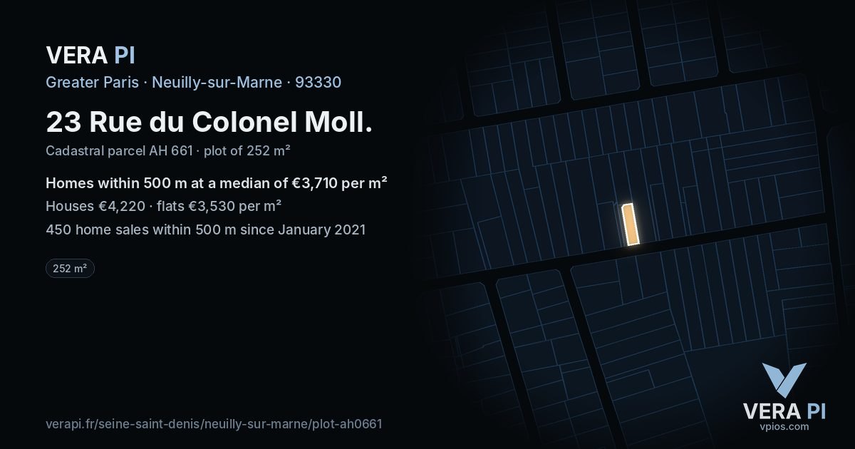 23 Rue du Colonel Moll, Neuilly-sur-Marne at night – the plot lit, the parcels around coloured by the prices near them