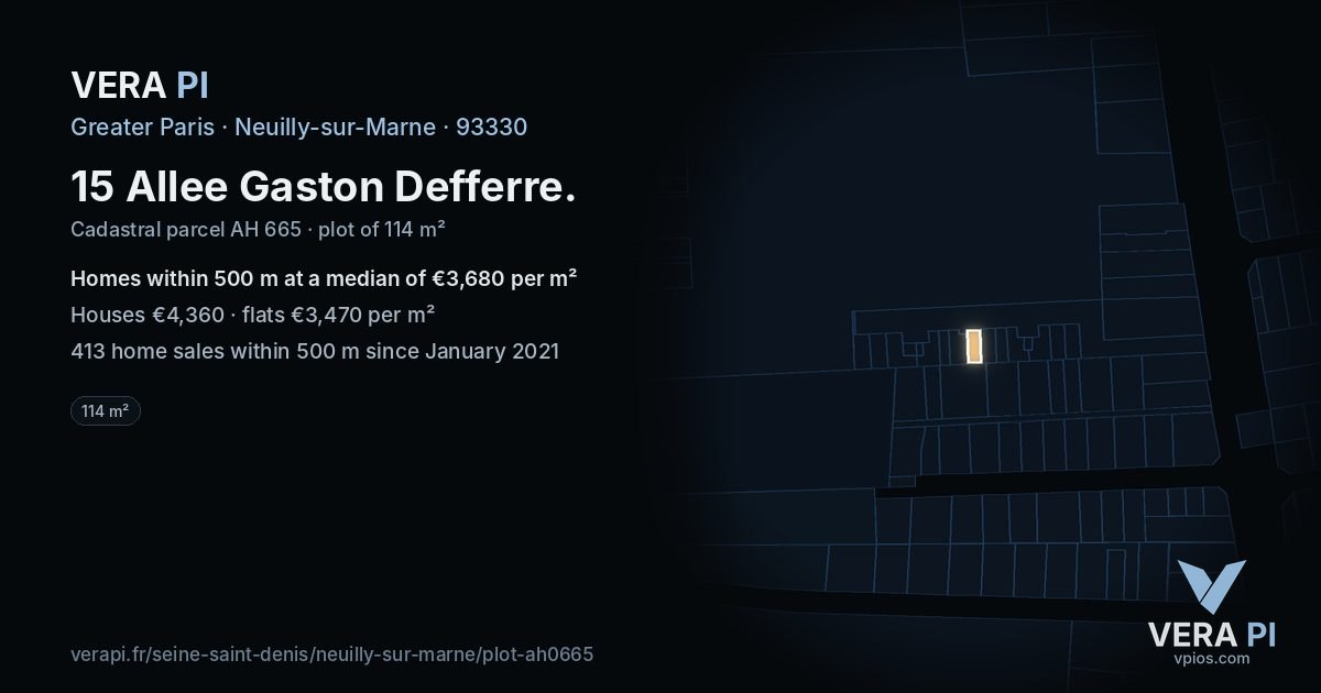 15 Allee Gaston Defferre, Neuilly-sur-Marne at night – the plot lit, the parcels around coloured by the prices near them