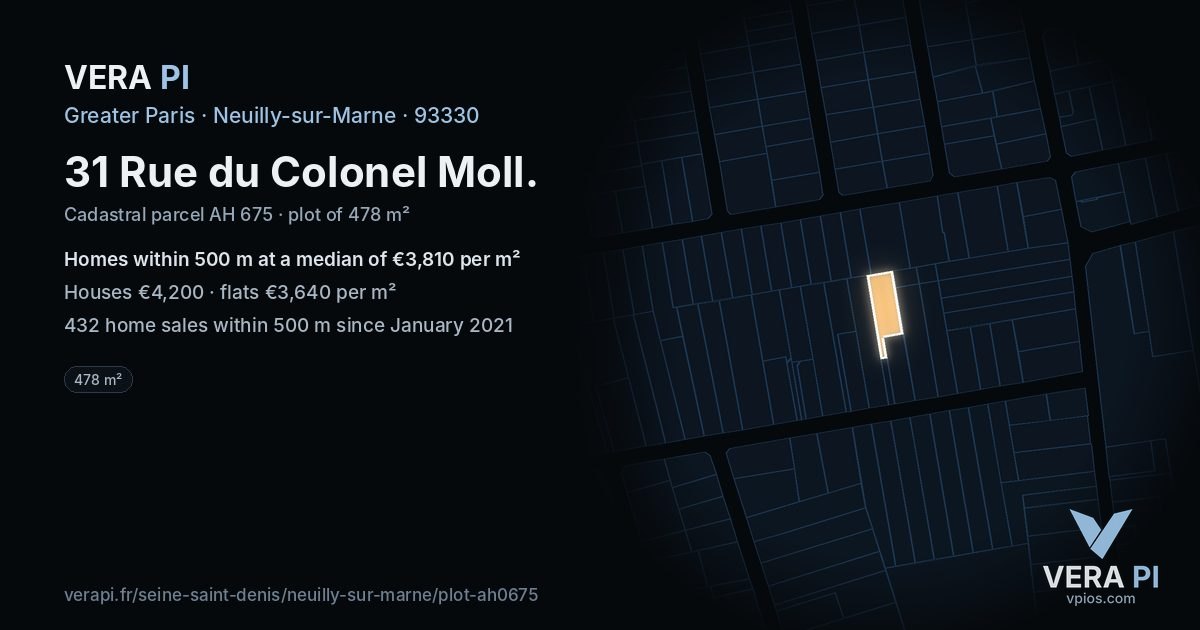31 Rue du Colonel Moll, Neuilly-sur-Marne at night – the plot lit, the parcels around coloured by the prices near them