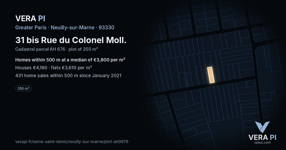 31 bis Rue du Colonel Moll, Neuilly-sur-Marne at night – the plot lit, the parcels around coloured by the prices near them
