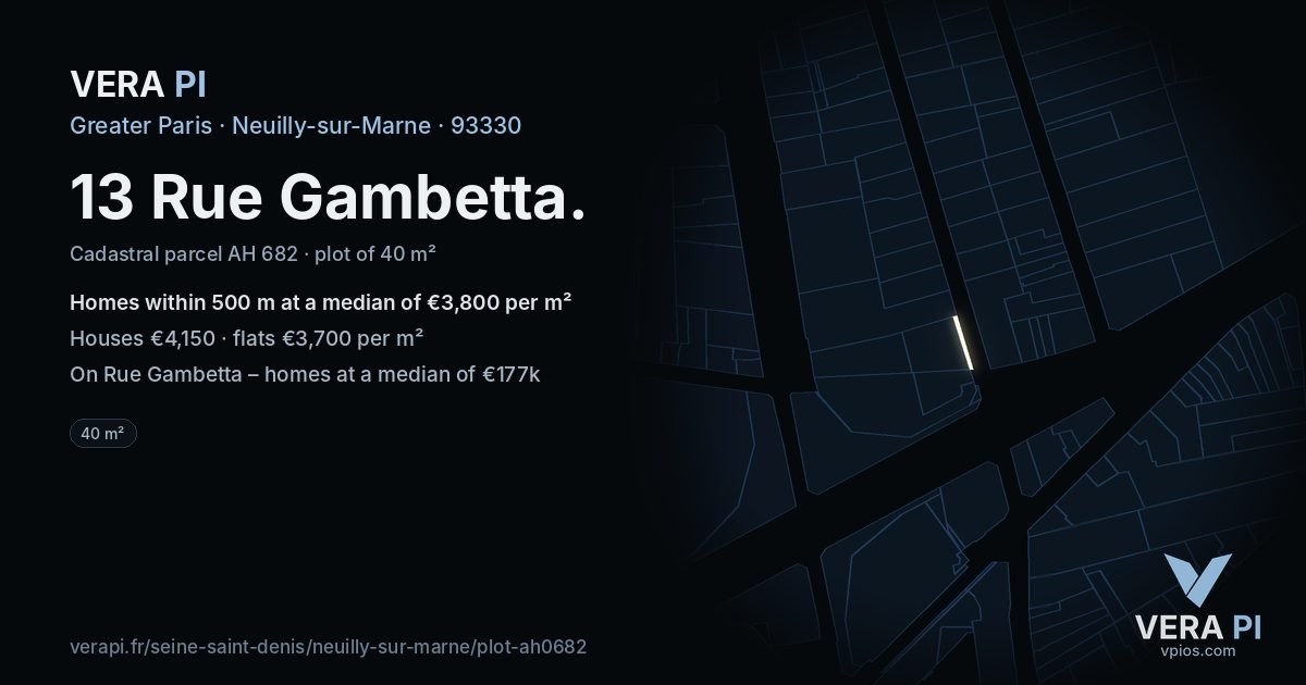 13 Rue Gambetta, Neuilly-sur-Marne at night – the plot lit, the parcels around coloured by the prices near them