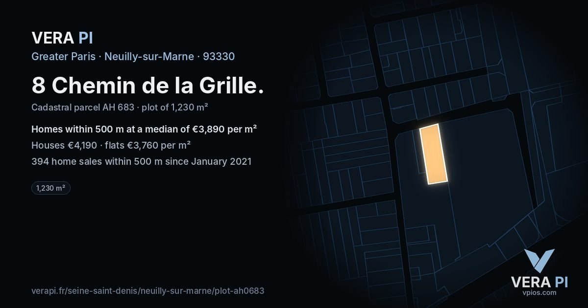 8 Chemin de la Grille, Neuilly-sur-Marne at night – the plot lit, the parcels around coloured by the prices near them