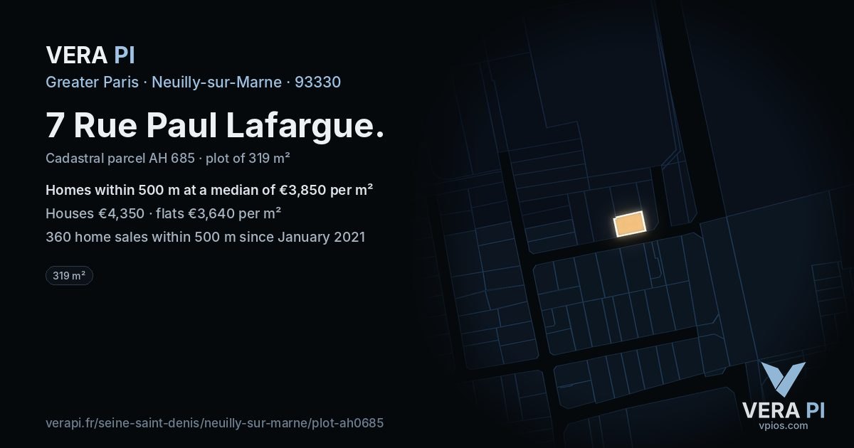 7 Rue Paul Lafargue, Neuilly-sur-Marne at night – the plot lit, the parcels around coloured by the prices near them