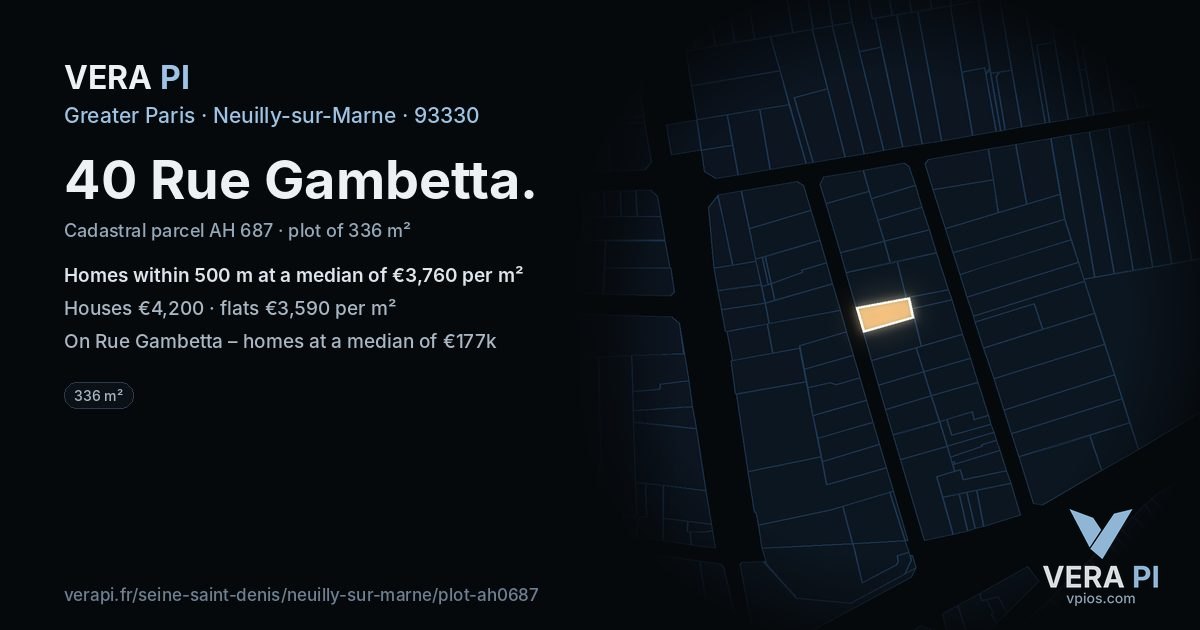 40 Rue Gambetta, Neuilly-sur-Marne at night – the plot lit, the parcels around coloured by the prices near them