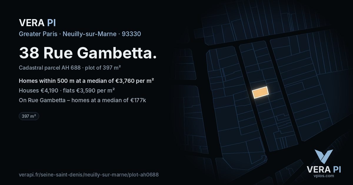 38 Rue Gambetta, Neuilly-sur-Marne at night – the plot lit, the parcels around coloured by the prices near them