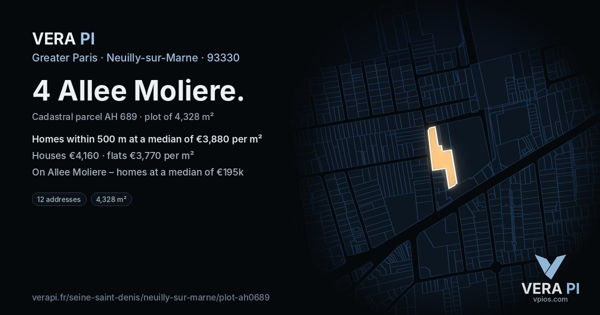 4 Allee Moliere, Neuilly-sur-Marne at night – the plot lit, the parcels around coloured by the prices near them