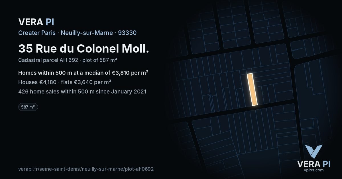35 Rue du Colonel Moll, Neuilly-sur-Marne at night – the plot lit, the parcels around coloured by the prices near them