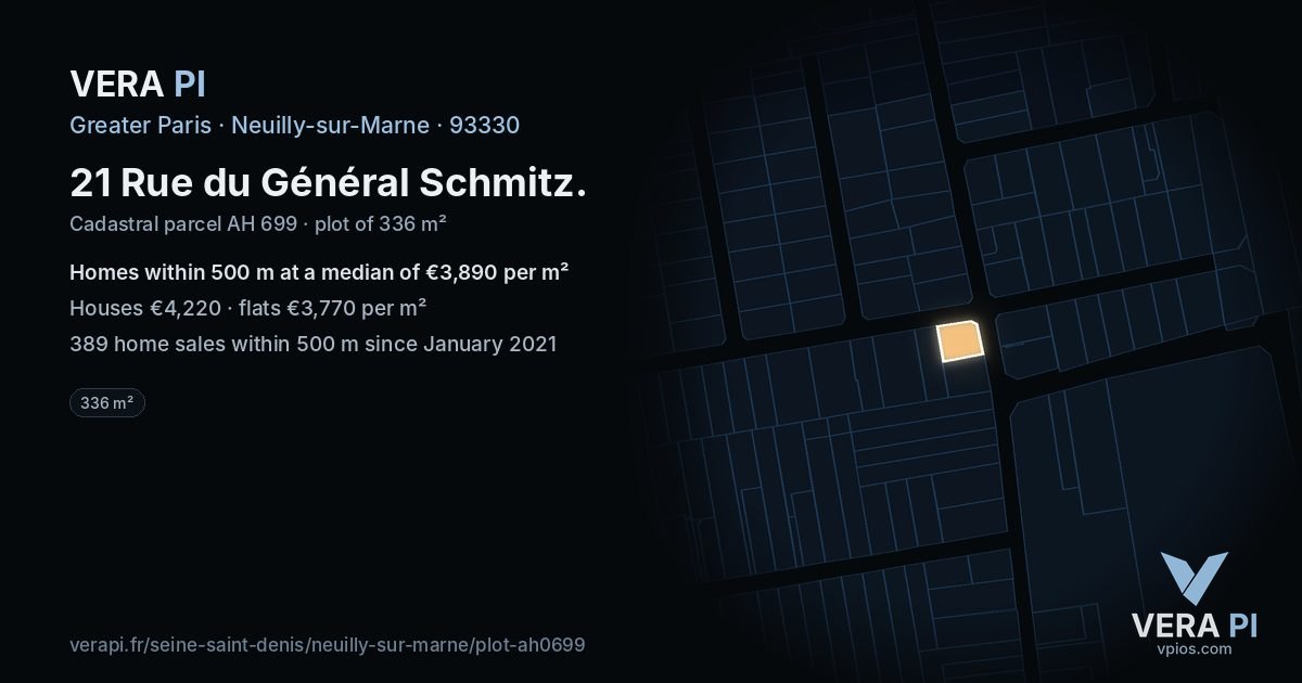 21 Rue du Général Schmitz, Neuilly-sur-Marne at night – the plot lit, the parcels around coloured by the prices near them