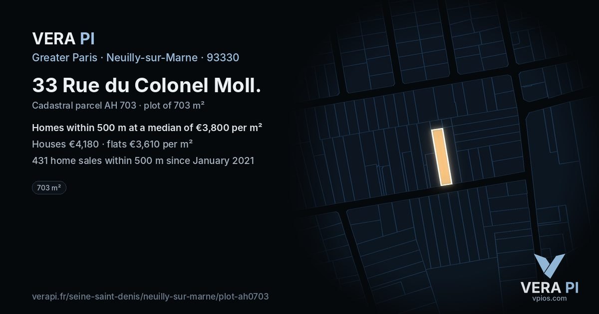 33 Rue du Colonel Moll, Neuilly-sur-Marne at night – the plot lit, the parcels around coloured by the prices near them