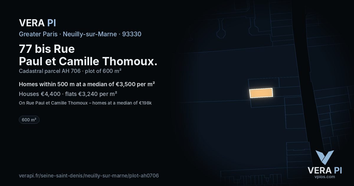 77 bis Rue Paul et Camille Thomoux, Neuilly-sur-Marne at night – the plot lit, the parcels around coloured by the prices near them