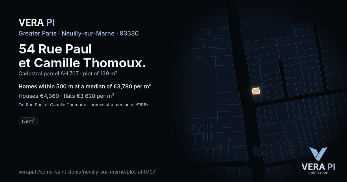 54 Rue Paul et Camille Thomoux, Neuilly-sur-Marne at night – the plot lit, the parcels around coloured by the prices near them