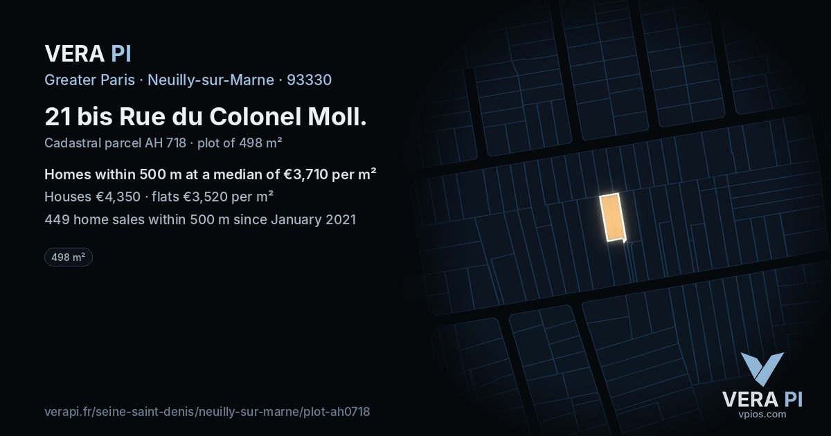 21 bis Rue du Colonel Moll, Neuilly-sur-Marne at night – the plot lit, the parcels around coloured by the prices near them