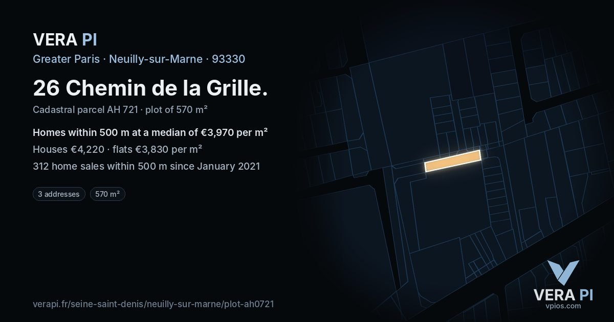 26 Chemin de la Grille, Neuilly-sur-Marne at night – the plot lit, the parcels around coloured by the prices near them