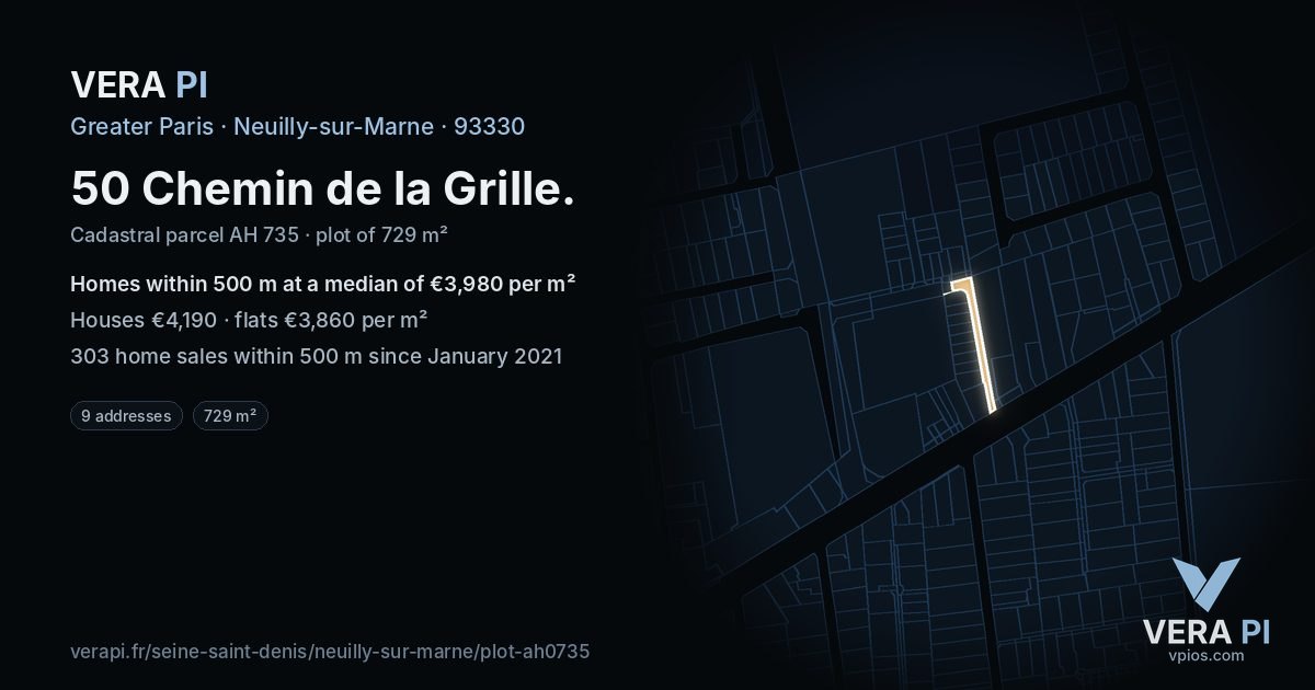 50 Chemin de la Grille, Neuilly-sur-Marne at night – the plot lit, the parcels around coloured by the prices near them