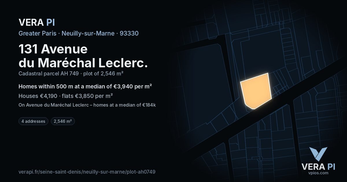 131 Avenue du Maréchal Leclerc, Neuilly-sur-Marne at night – the plot lit, the parcels around coloured by the prices near them