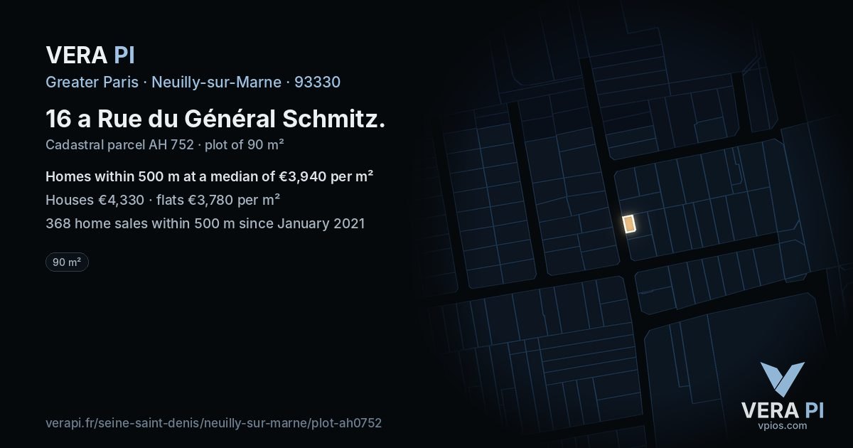 16 a Rue du Général Schmitz, Neuilly-sur-Marne at night – the plot lit, the parcels around coloured by the prices near them