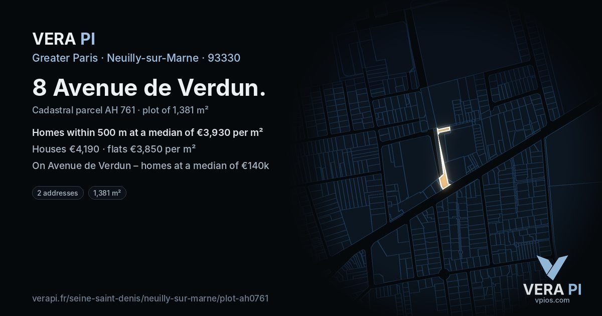8 Avenue de Verdun, Neuilly-sur-Marne at night – the plot lit, the parcels around coloured by the prices near them