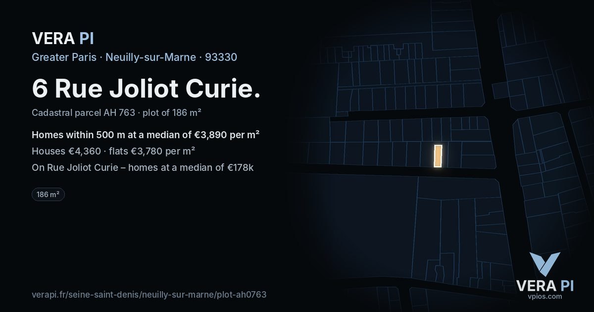 6 Rue Joliot Curie, Neuilly-sur-Marne at night – the plot lit, the parcels around coloured by the prices near them