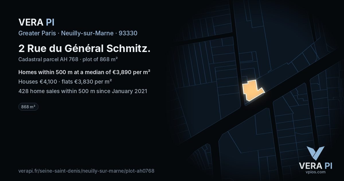 2 Rue du Général Schmitz, Neuilly-sur-Marne at night – the plot lit, the parcels around coloured by the prices near them