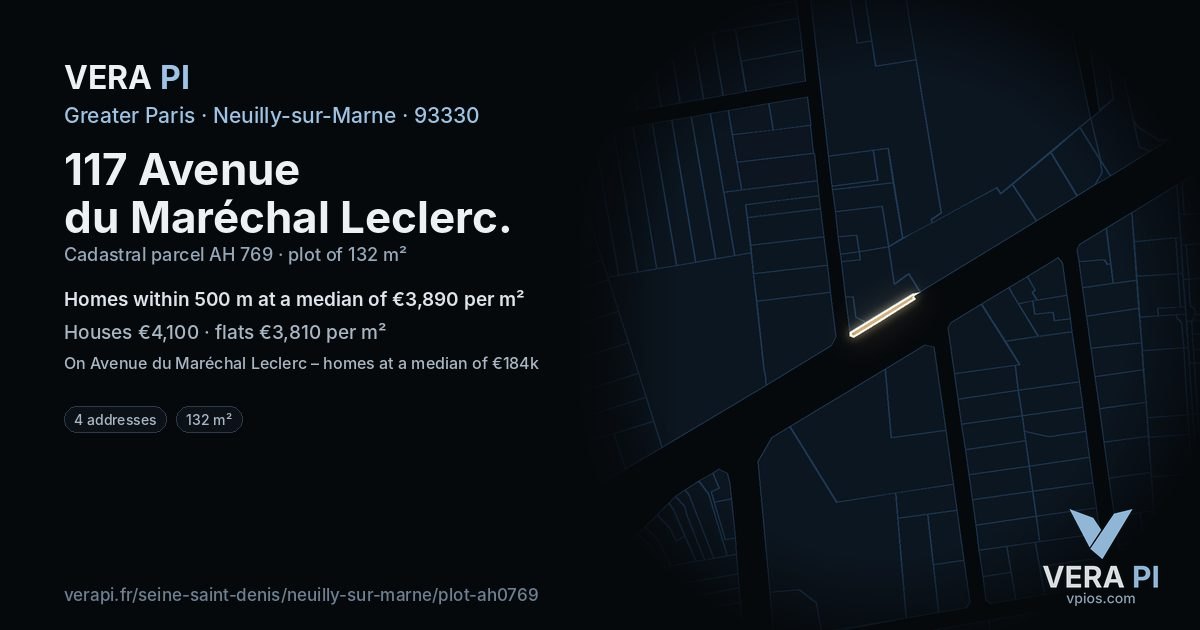 117 Avenue du Maréchal Leclerc, Neuilly-sur-Marne at night – the plot lit, the parcels around coloured by the prices near them