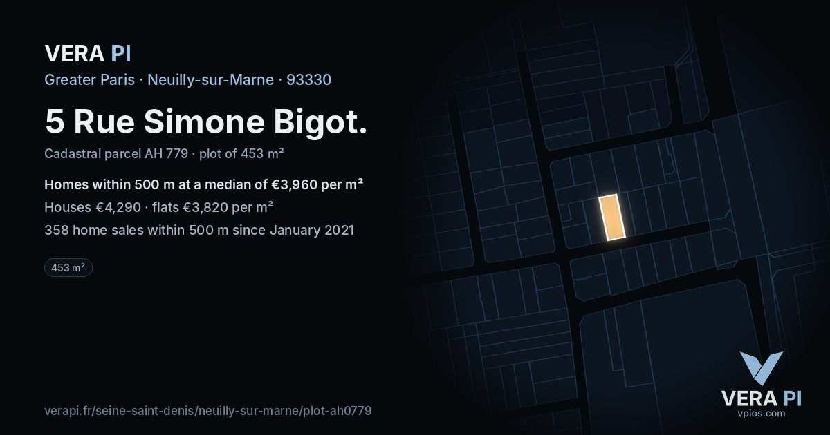 5 Rue Simone Bigot, Neuilly-sur-Marne at night – the plot lit, the parcels around coloured by the prices near them