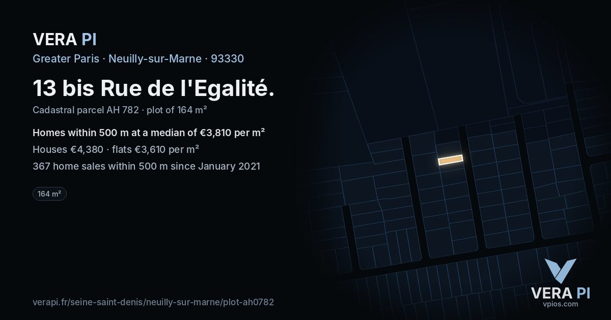 13 bis Rue de l'Egalité, Neuilly-sur-Marne at night – the plot lit, the parcels around coloured by the prices near them