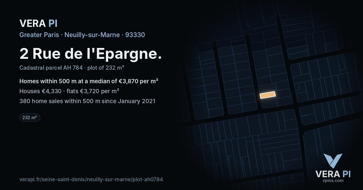 2 Rue de l'Epargne, Neuilly-sur-Marne at night – the plot lit, the parcels around coloured by the prices near them