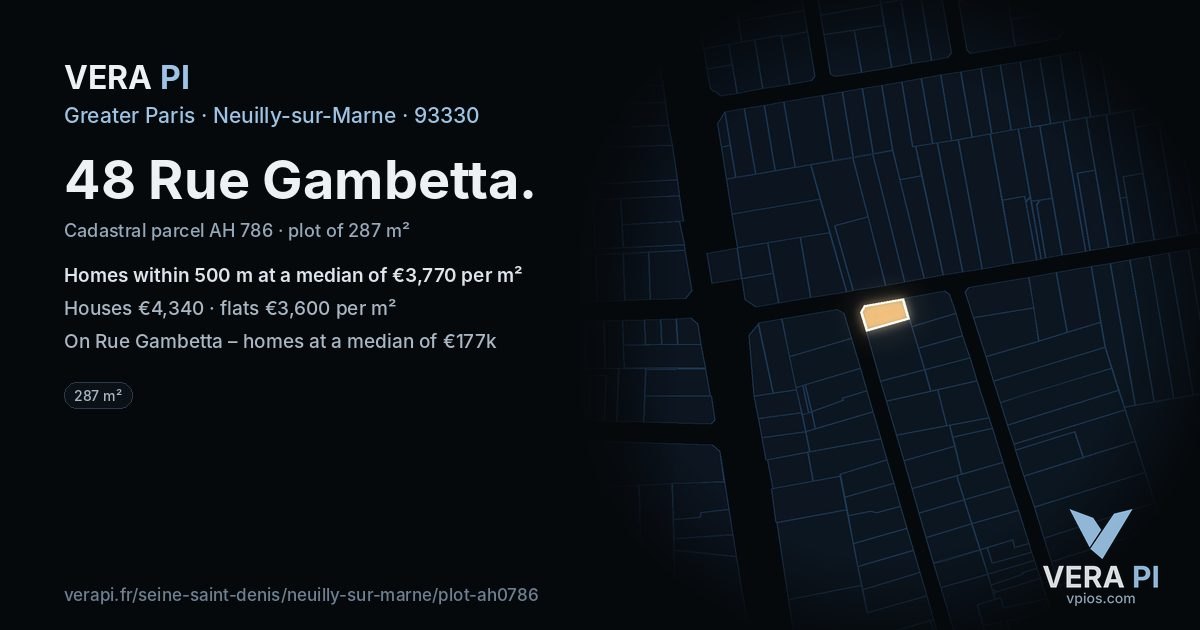 48 Rue Gambetta, Neuilly-sur-Marne at night – the plot lit, the parcels around coloured by the prices near them