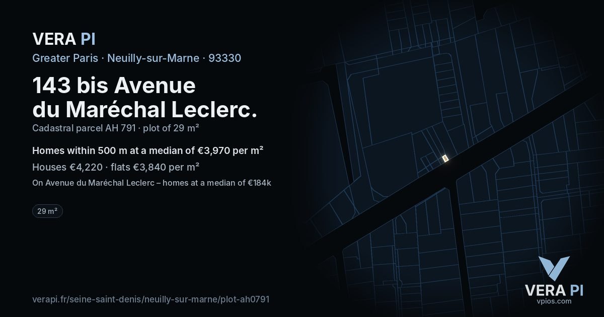 143 bis Avenue du Maréchal Leclerc, Neuilly-sur-Marne at night – the plot lit, the parcels around coloured by the prices near them