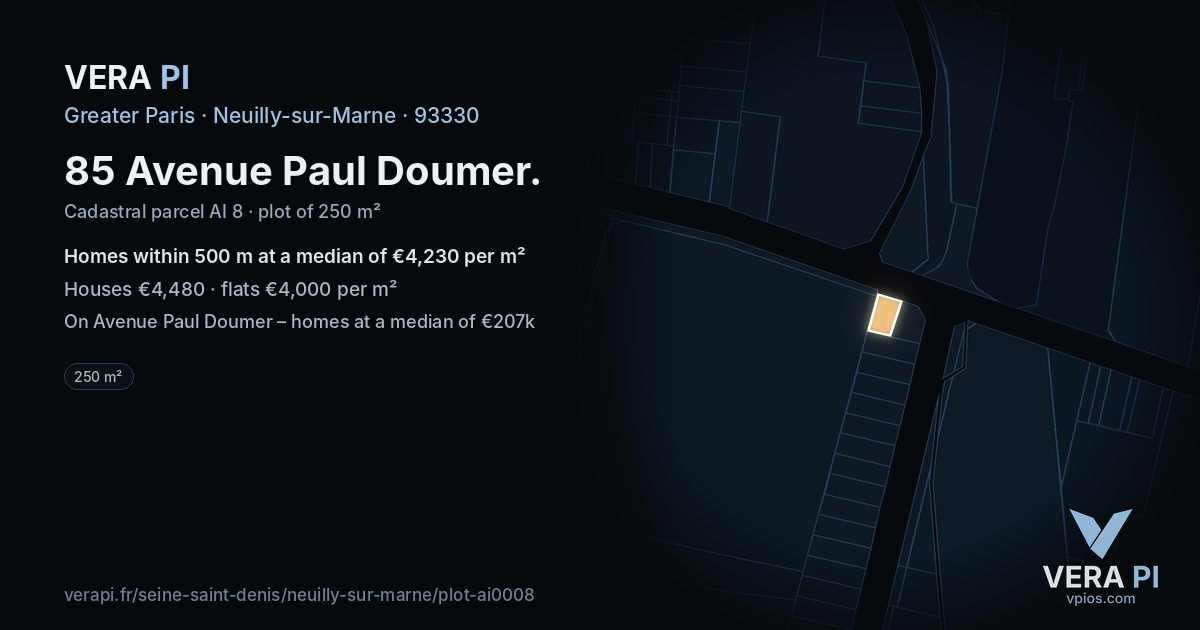 85 Avenue Paul Doumer, Neuilly-sur-Marne at night – the plot lit, the parcels around coloured by the prices near them