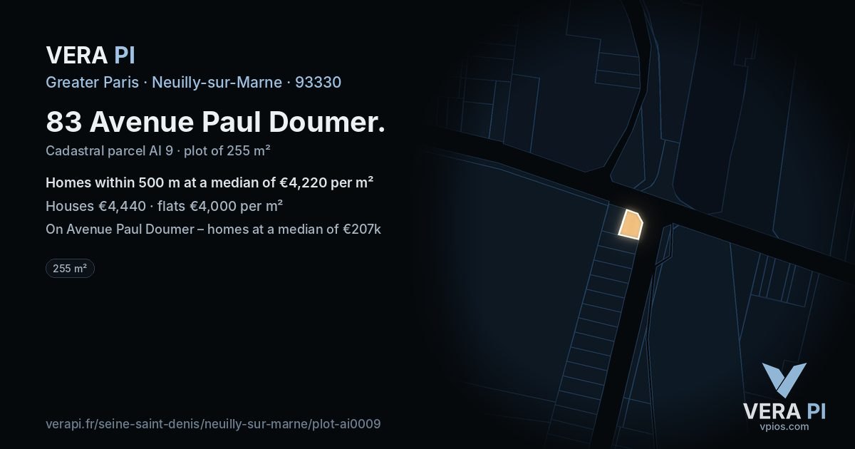83 Avenue Paul Doumer, Neuilly-sur-Marne at night – the plot lit, the parcels around coloured by the prices near them
