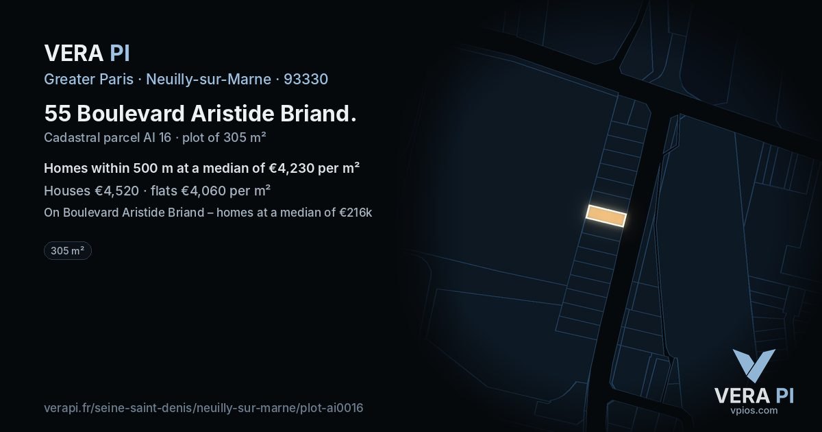 55 Boulevard Aristide Briand, Neuilly-sur-Marne at night – the plot lit, the parcels around coloured by the prices near them