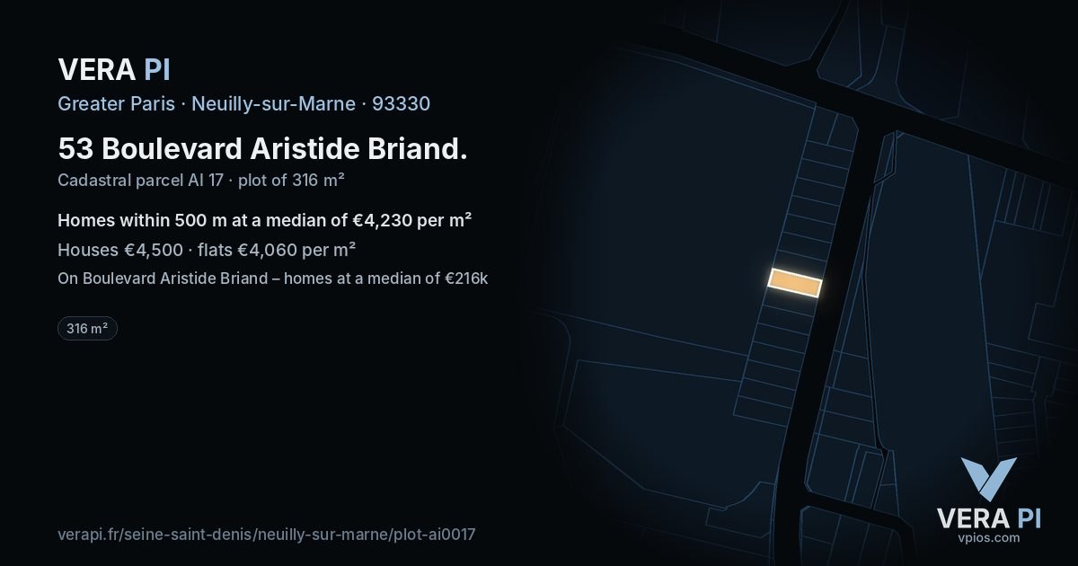 53 Boulevard Aristide Briand, Neuilly-sur-Marne at night – the plot lit, the parcels around coloured by the prices near them