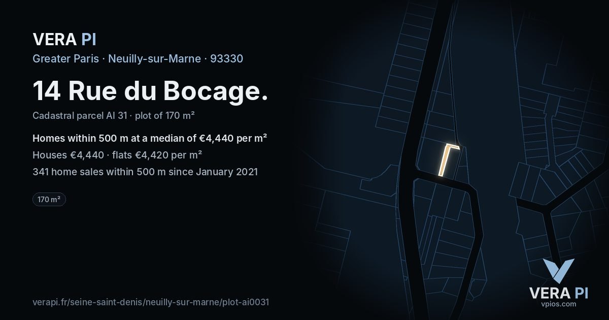 14 Rue du Bocage, Neuilly-sur-Marne at night – the plot lit, the parcels around coloured by the prices near them