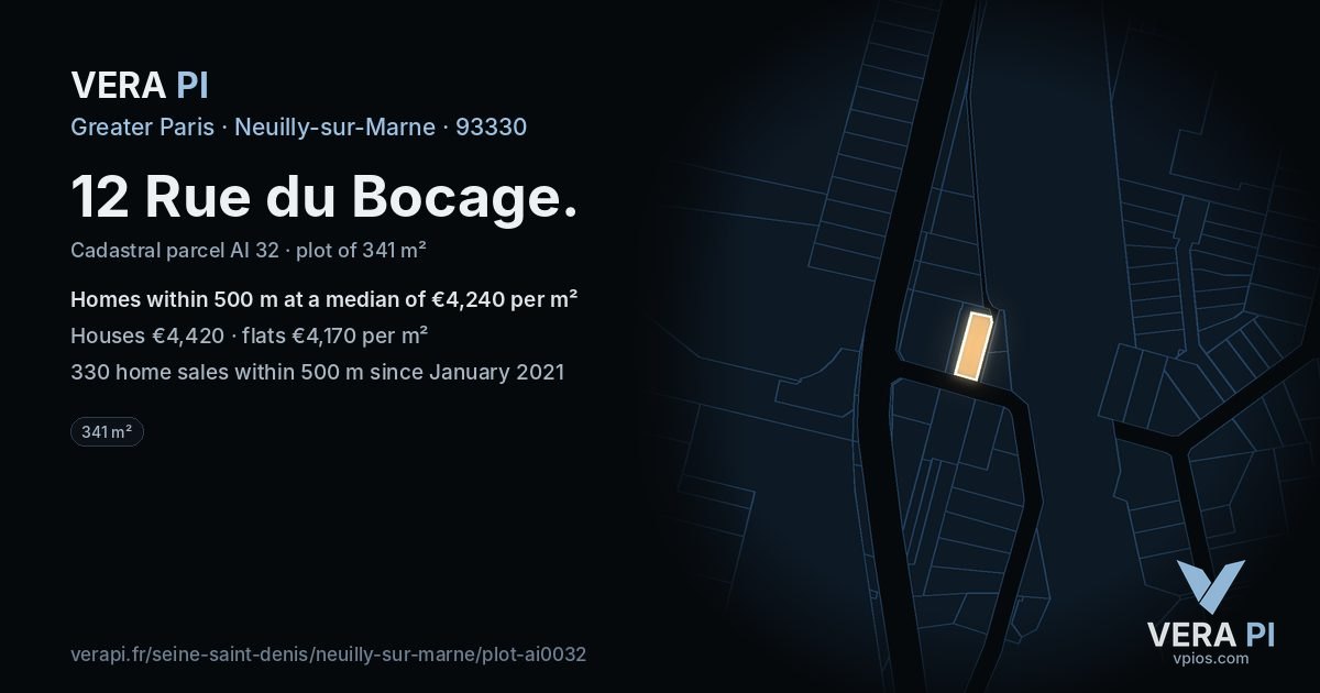 12 Rue du Bocage, Neuilly-sur-Marne at night – the plot lit, the parcels around coloured by the prices near them