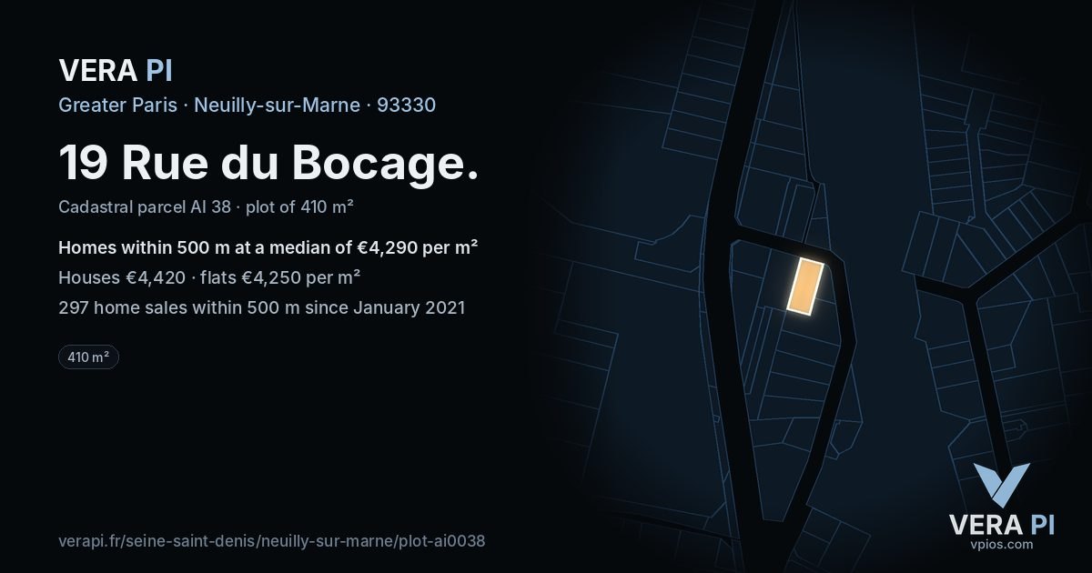 19 Rue du Bocage, Neuilly-sur-Marne at night – the plot lit, the parcels around coloured by the prices near them