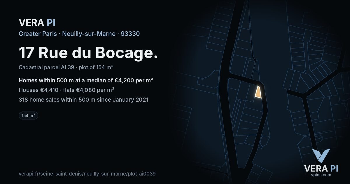 17 Rue du Bocage, Neuilly-sur-Marne at night – the plot lit, the parcels around coloured by the prices near them