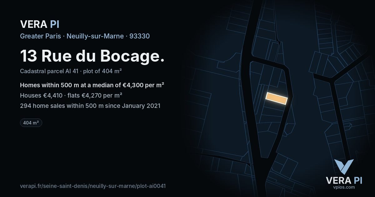 13 Rue du Bocage, Neuilly-sur-Marne at night – the plot lit, the parcels around coloured by the prices near them
