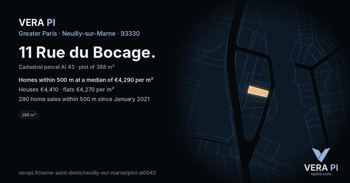 11 Rue du Bocage, Neuilly-sur-Marne at night – the plot lit, the parcels around coloured by the prices near them