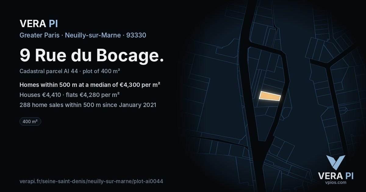 9 Rue du Bocage, Neuilly-sur-Marne at night – the plot lit, the parcels around coloured by the prices near them