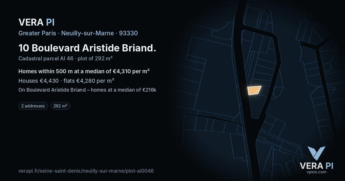 10 Boulevard Aristide Briand, Neuilly-sur-Marne at night – the plot lit, the parcels around coloured by the prices near them