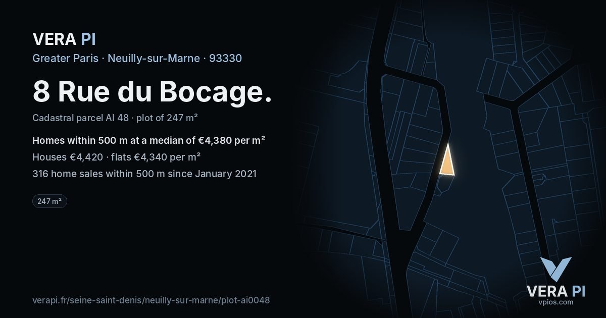 8 Rue du Bocage, Neuilly-sur-Marne at night – the plot lit, the parcels around coloured by the prices near them