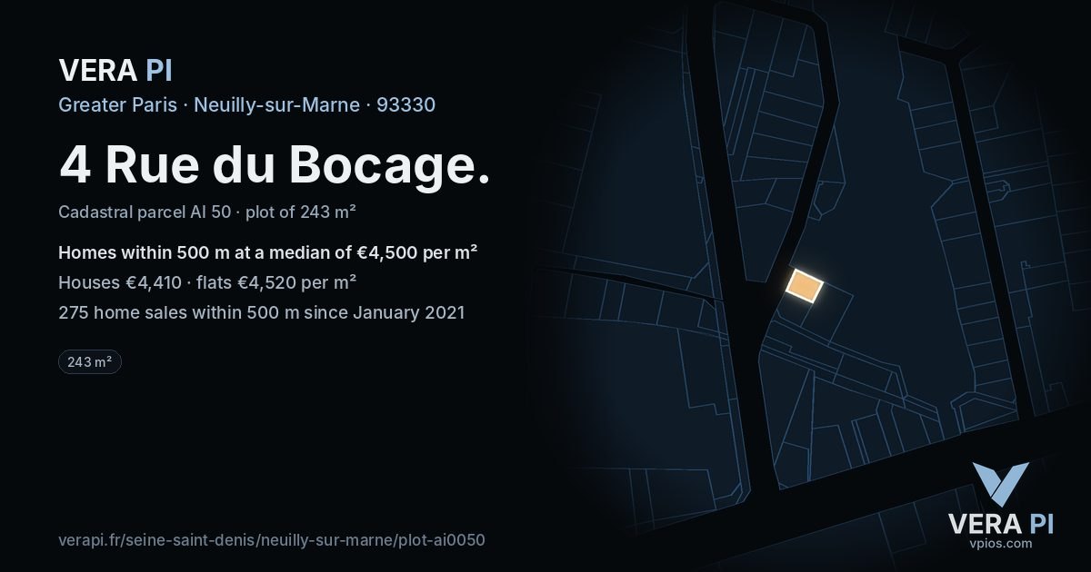 4 Rue du Bocage, Neuilly-sur-Marne at night – the plot lit, the parcels around coloured by the prices near them