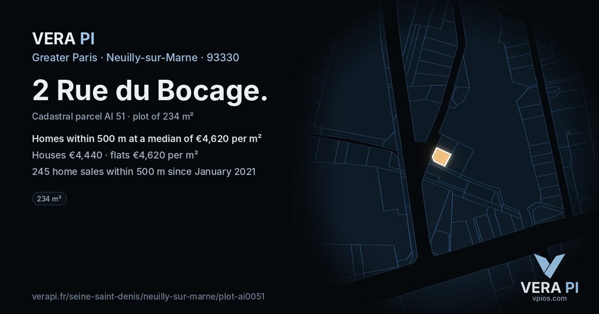2 Rue du Bocage, Neuilly-sur-Marne at night – the plot lit, the parcels around coloured by the prices near them