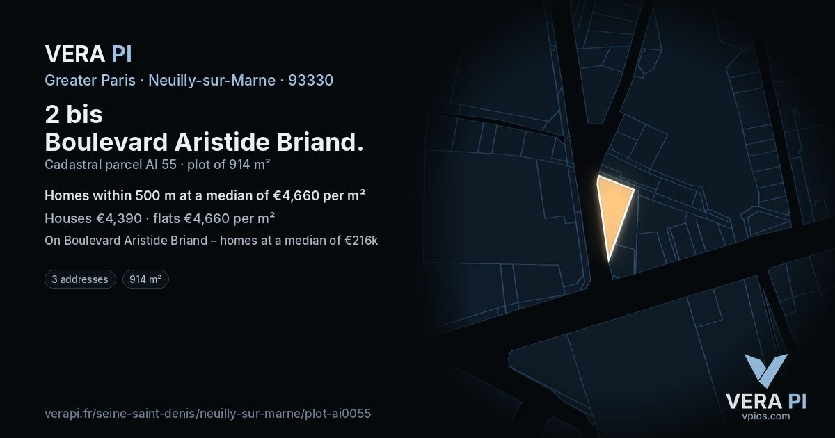2 bis Boulevard Aristide Briand, Neuilly-sur-Marne at night – the plot lit, the parcels around coloured by the prices near them
