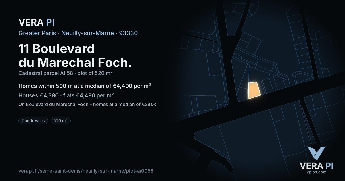 11 Boulevard du Marechal Foch, Neuilly-sur-Marne at night – the plot lit, the parcels around coloured by the prices near them